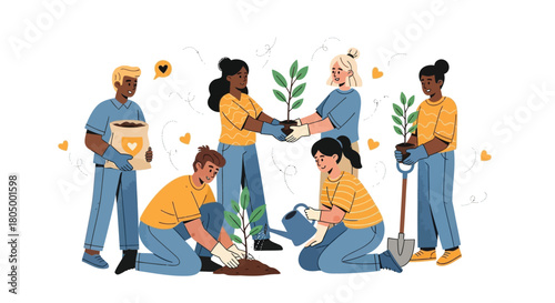 Diverse group of people working together to plant trees and nurture nature in a community garden setting