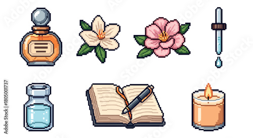 Charming set of pixel art icons featuring cozy self-care items like perfume, flowers, a lit candle, an open journal, and an essential oil dropper, isolated