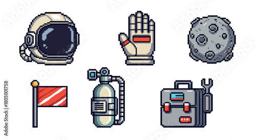 Set of pixel art icons for a retro video game featuring astronaut equipment like a helmet, glove, oxygen tank, toolbox, flag, and the moon, isolated