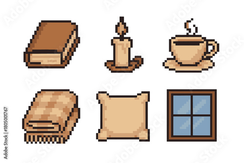 Cozy collection of pixel art icons featuring a book, candle, coffee, blanket, pillow, and window, perfect for retro video game assets or nostalgic design elements isolated on white
