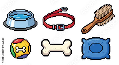 Set of six pixelated dog care accessories including a water bowl, red collar, grooming brush, toy ball, chew bone, and blue pillow, designed in a retro 8-bit video game style
