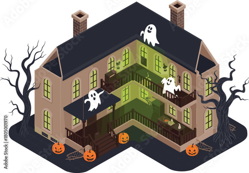 Haunted Halloween house with ghosts and pumpkins, spooky haunted mansion illustration for horror night party, creepy autumn festive design