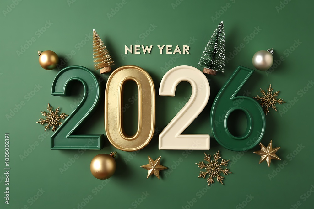 Fototapeta premium Festive 2026 new year celebration with ornaments and christmas trees on green background