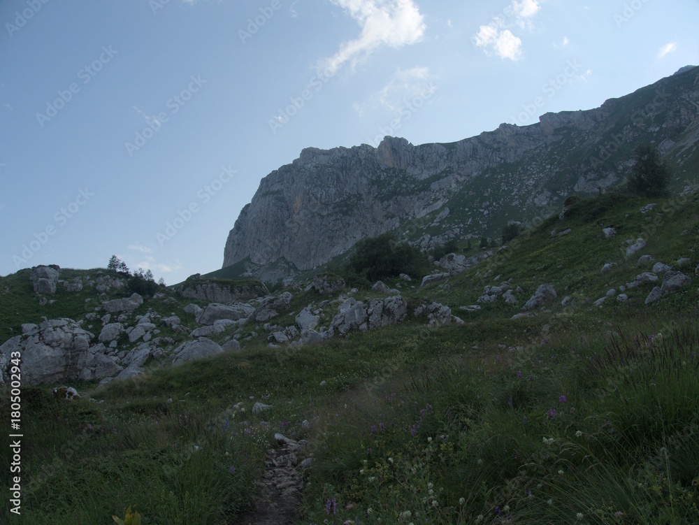 Obraz premium Mountain nature of the Caucasus, hiking in the mountains, views during a hike, mountains in summer, hiking and tourism.
