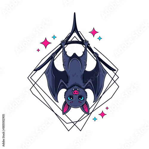 A charming cartoon bat hangs upside down from a branch, set against a geometric frame and sparkling stars, creating a whimsical and eye-catching design.