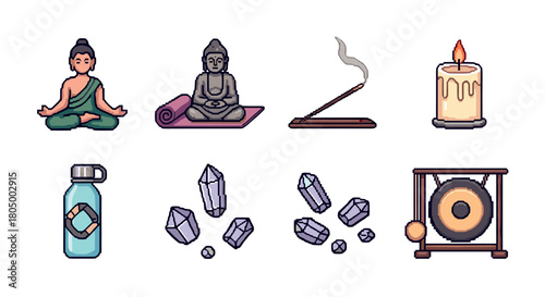 Collection of retro pixel art icons for meditation and spiritual wellness, featuring a yogi in lotus pose, a deity statue, incense, a candle, healing crystals, and a gong