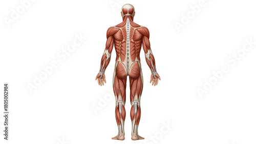 Human muscular system posterior view detailed anatomical illustration for medical and educational purposes isolated on white background