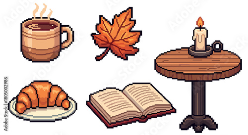 Cozy collection of autumn-themed pixel art icons, including a steaming mug, maple leaf, croissant, book, and candle on a table, isolated