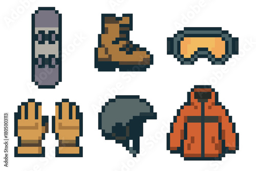 Pixel art collection of snowboarding equipment including a board, boots, goggles, gloves, helmet, and jacket isolated for a retro video game concept