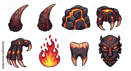 Collection of pixel art game assets for a fantasy lava monster, featuring demonic horns, claws, a volcanic mask, a tooth, and fire elements isolated