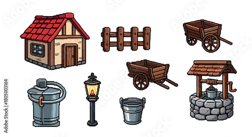 An isometric pixel art set of medieval village assets, including a rustic house, stone well, wooden cart, fence, and lantern, for creating a fantasy game environment