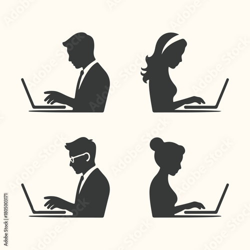 Silhouettes of people working on laptops in an office environment