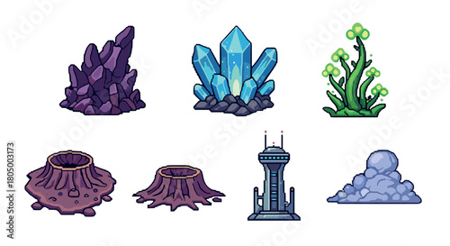 Diverse collection of pixel art game assets for a science fiction world, featuring crystals, an alien plant, a volcano, and a futuristic tower isolated