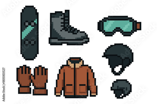 Collection of pixel art icons featuring snowboarding equipment, including a board, boots, goggles, helmet, jacket, and gloves, isolated