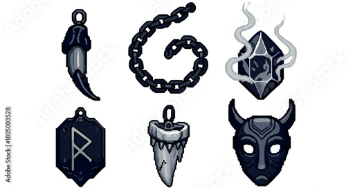 Collection of dark fantasy magic items in a pixel art style, featuring a demonic mask, runic amulet, cursed crystal, and claw pendant, isolated for video game asset design