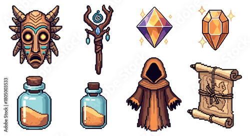 Collection of fantasy role-playing game pixel art icons featuring a tribal mask, magic staff, sparkling gems, potions, a hooded figure, and an ancient scroll isolated