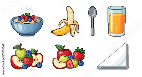 Collection of healthy breakfast food icons in a retro pixel art style, featuring oatmeal with berries, fresh fruit, and orange juice, isolated
