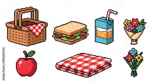 Charming collection of pixel art picnic essentials, including a wicker basket, sandwich, juice, and flowers, isolated for a retro video game aesthetic