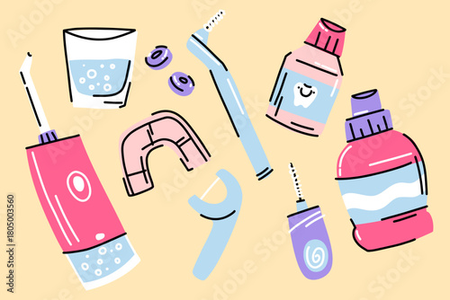 A dental hygiene kit. Water flosser, disclosing tablets, toothbrushes, mouthguard and mouth rinse