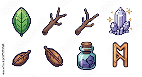 Collection of pixel art icons for a fantasy role-playing game, featuring crafting ingredients like leaves, sticks, sparkling crystals, a potion bottle, and a magic rune