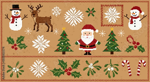 Festive Christmas cheer with charming pixel art icons featuring Santa, snowmen, reindeer, trees, snowflakes, holly, and candy canes for a joyful holiday feel
