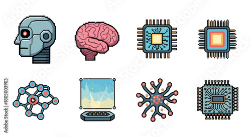 Collection of pixel art icons representing artificial intelligence, robotics, and neuroscience concepts including a robot head, brain, microchips, and neural networks