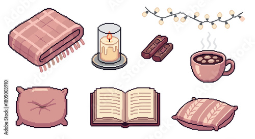 A charming pixel art collection of cozy home essentials, including a warm blanket, candle, hot chocolate, book, and pillows, for a hygge concept
