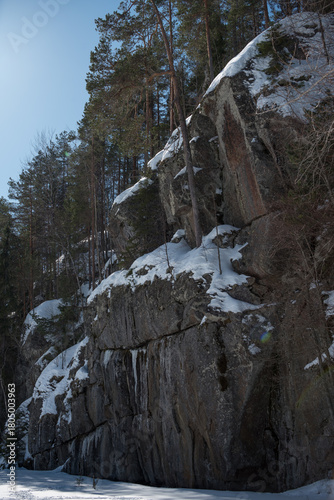Rock formations on the shores of a frozen lake in winter in Finland