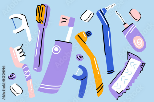 A large set for personal dental hygiene, electric and manual toothbrushes, dental floss, chewing gum