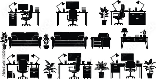 Home office workspace silhouettes, desk computer furniture interior, modern work from home setup, living room sofa plants design