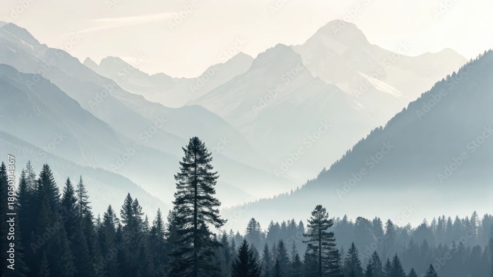 Fototapeta premium Stunning misty mountain range with evergreen forest, perfect for travel and nature blogs, evokes peace and serenity, alpine landscape wallpaper art print