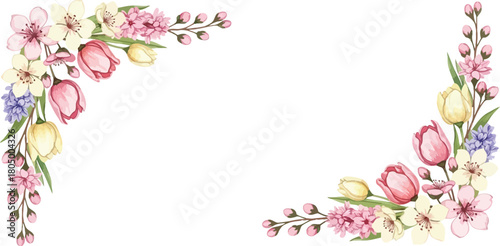 Delicate watercolor floral corner arrangement featuring tulips hyacinths and cherry blossoms on white background