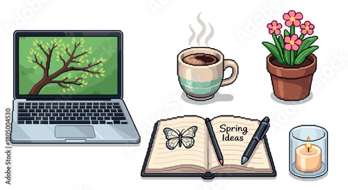 Charming pixel art collection of cozy spring-themed items including a laptop, coffee, potted plant, journal, and candle