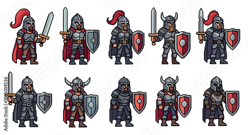 Set of 2D fantasy knight character sprites for a video game, featuring various armor, helmets, swords, and shields