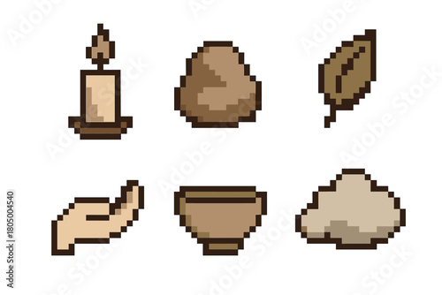 Set of six minimalist 8-bit style icons representing crafting or alchemy elements like a candle, rock, leaf, and bowl, designed as assets for a fantasy role-playing game