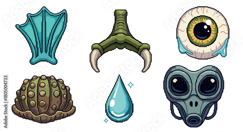 Collection of fantasy and sci-fi monster part icons in a retro pixel art style, featuring a claw, eyeball, shell, and alien mask