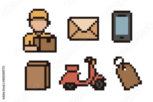 Collection of pixel art icons representing various aspects of delivery, e-commerce, and logistics, including a courier, package, scooter, smartphone, and envelope