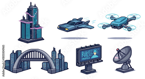 Collection of isometric pixel art illustrations featuring cyberpunk city elements like a neon skyscraper, flying vehicle, quadcopter, bridge, and digital billboard
