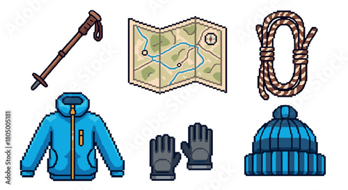 Pixel art set of outdoor adventure and hiking equipment with a map, jacket, rope, and gloves, presented in a retro 8-bit video game style on a clean white background