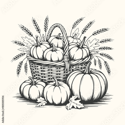 Autumn harvest basket filled with ripe pumpkins, gourds, and other colorful fall vegetables and fruits for Thanksgiving