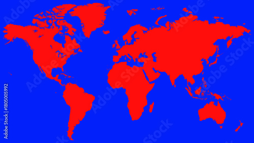 A minimalist world map with red continents against a bright blue ocean. The map's modern graphic design combines simplicity and information. Vector