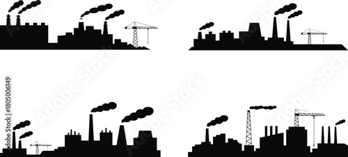 Industrial factory skyline silhouettes with smoke pollution, construction cranes, manufacturing buildings, heavy industry landscape illustration, environmental impact concept