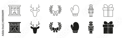 Christmas Festive Holiday And Winter Celebration Icons Set. Seasonal Xmas Decoration And Gift-Giving. Isolated Vector Illustration