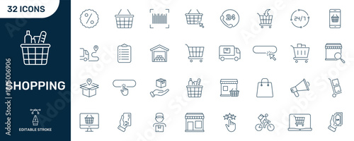 Shopping And E-Commerce Line Icon Set. Retail, Online Shopping, And Delivery Outline Symbol Collection. Editable Stroke. Isolated Vector Illustration