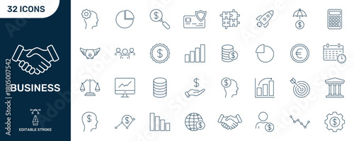 Business And Finance Line Icon Set. Corporate Strategy, Financial Growth, And Investment Outline Symbol Collection. Editable Stroke. Isolated Vector Illustration