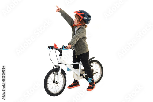 child on bicycle pointing upwards on white background