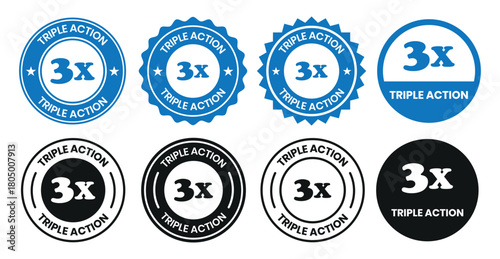 Triple Action - vector label for packaging label design. Triple Action sign, logo, badge, icon, sticker, label, emblem, stamp, symbol, black, line, flat vector, isolated illustration.
