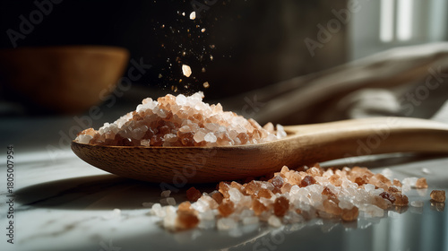 Lateral shot of pink salt grains in wooden spoon