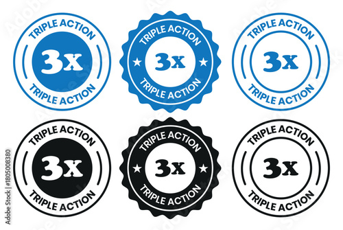Triple Action - vector label for packaging label design. Triple Action sign, logo, badge, icon, sticker, label, emblem, stamp, symbol, black, line, flat vector, isolated illustration.