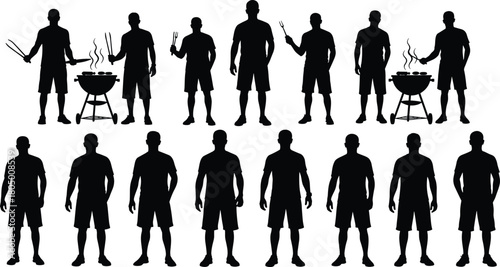 Man grilling barbecue silhouette, outdoor BBQ cooking with grill, summer chef holding utensils, backyard party food preparation design